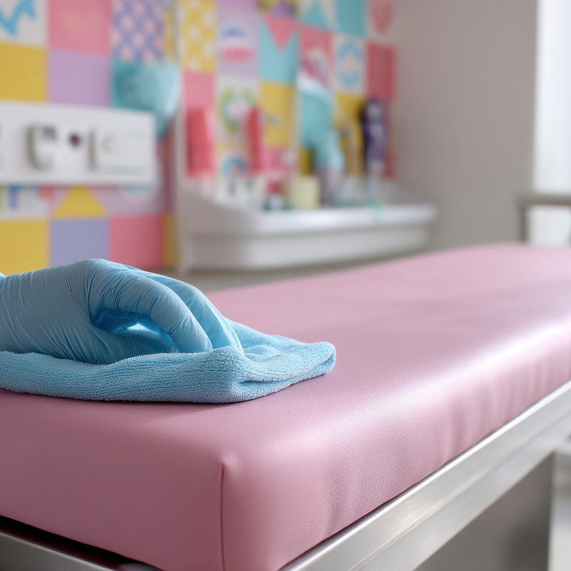 Main gantée bleue nettoyant une table d'examen rose avec un chiffon. Fond coloré évoque une clinique pour enfants.