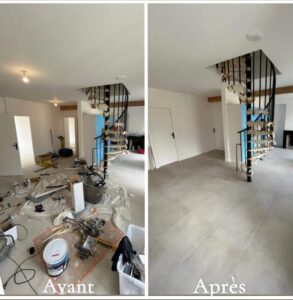 Avant/Après rénovation intérieure. Gauche: chantier avec sol brut, outils. Droite: pièce moderne épurée, escalier spiral noir, carrelage gris.