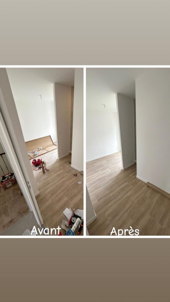 Rénovation intérieure Avant/Après. À gauche, chantier avec outils. À droite, pièce propre : sol carrelé bois, murs blancs, plinthes.